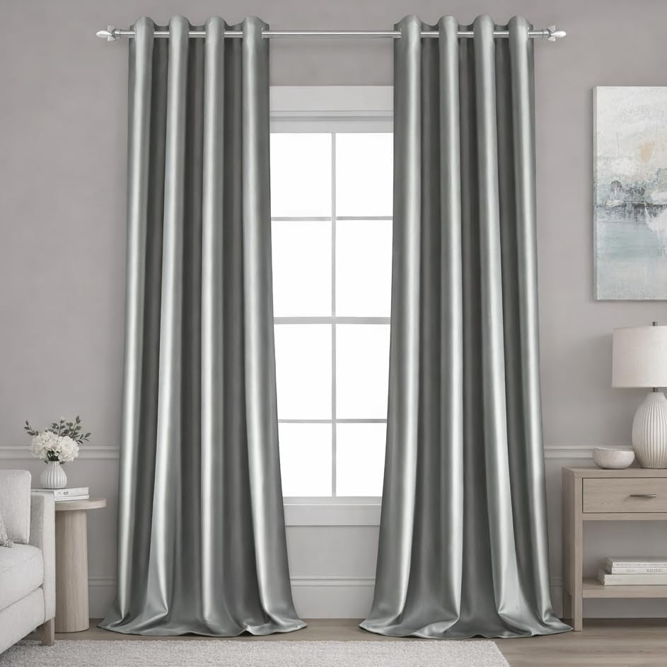 Faux Silk Silver Grey Blackout Curtains 52W X 96L 2 Panels