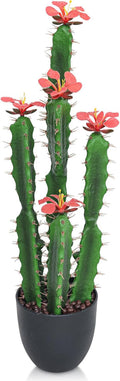 30Inch Fake Cactus with Red Flowers, Faux Desert Cacti Fake Cactus Plant, Lagre Artificial Succulents Plants for Indoor and Outdoor Home Office Decor