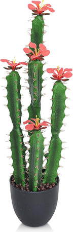 30Inch Fake Cactus with Red Flowers, Faux Desert Cacti Fake Cactus Plant, Lagre Artificial Succulents Plants for Indoor and Outdoor Home Office Decor