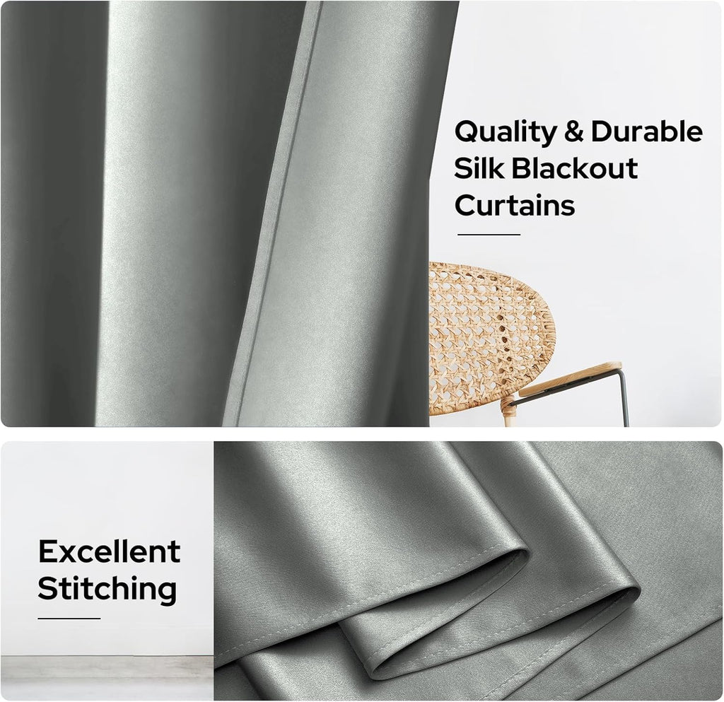 Faux Silk Silver Grey Blackout Curtains 52W X 96L 2 Panels