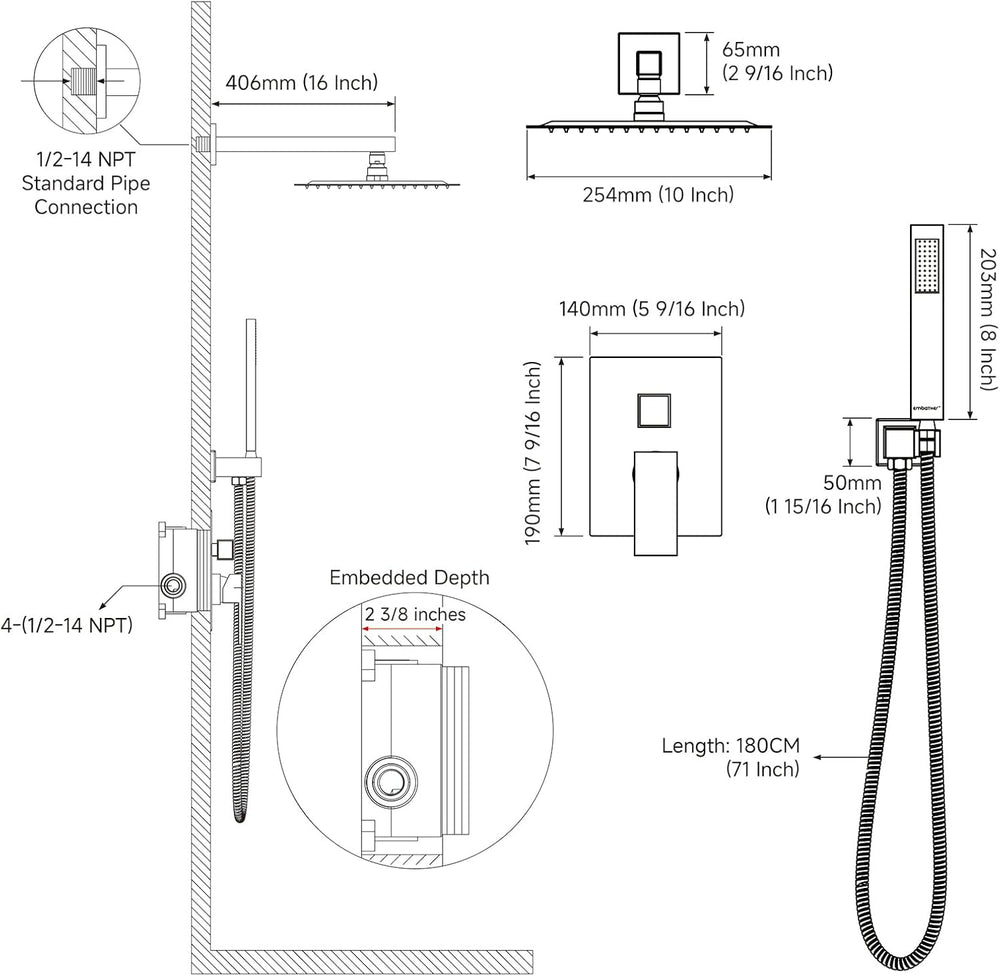 Rain Shower System Sets Faucet:  10 Inch Overhead Rainhead Shower Combo Set with Handheld and Valve-Luxury Modern Mixer Rainfall Brushed Nickel Shower Faucets Sets Complete