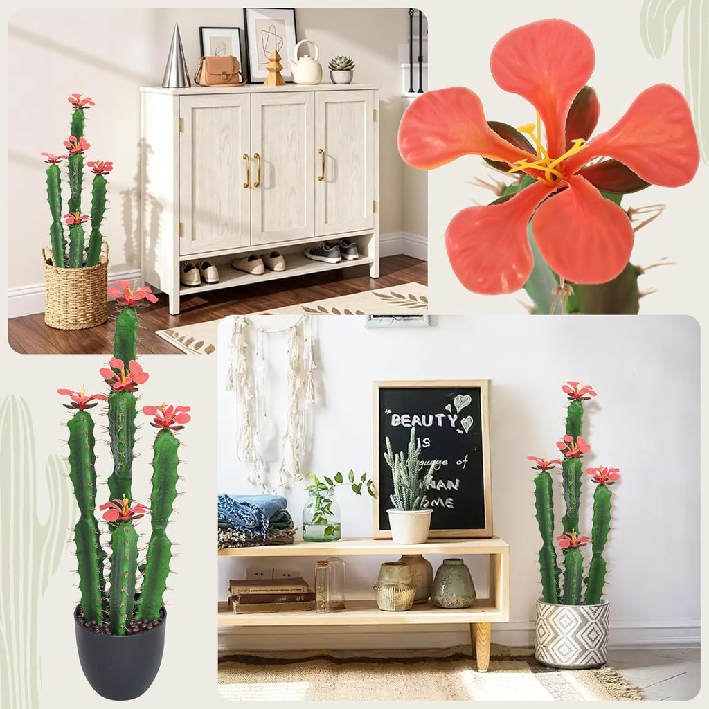 30Inch Fake Cactus with Red Flowers, Faux Desert Cacti Fake Cactus Plant, Lagre Artificial Succulents Plants for Indoor and Outdoor Home Office Decor