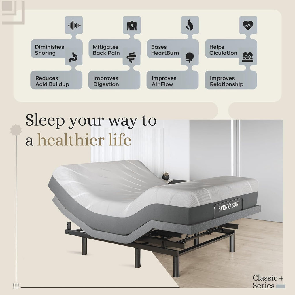 Sven & Son Harmony Adjustable Bed Base, Head and Foot Lift, Massage, Under-Bed Lights, USB, Gel Memory, Zero Gravity Smart Frame - Queen + 10 Inch Memory Foam Matt (Firm)