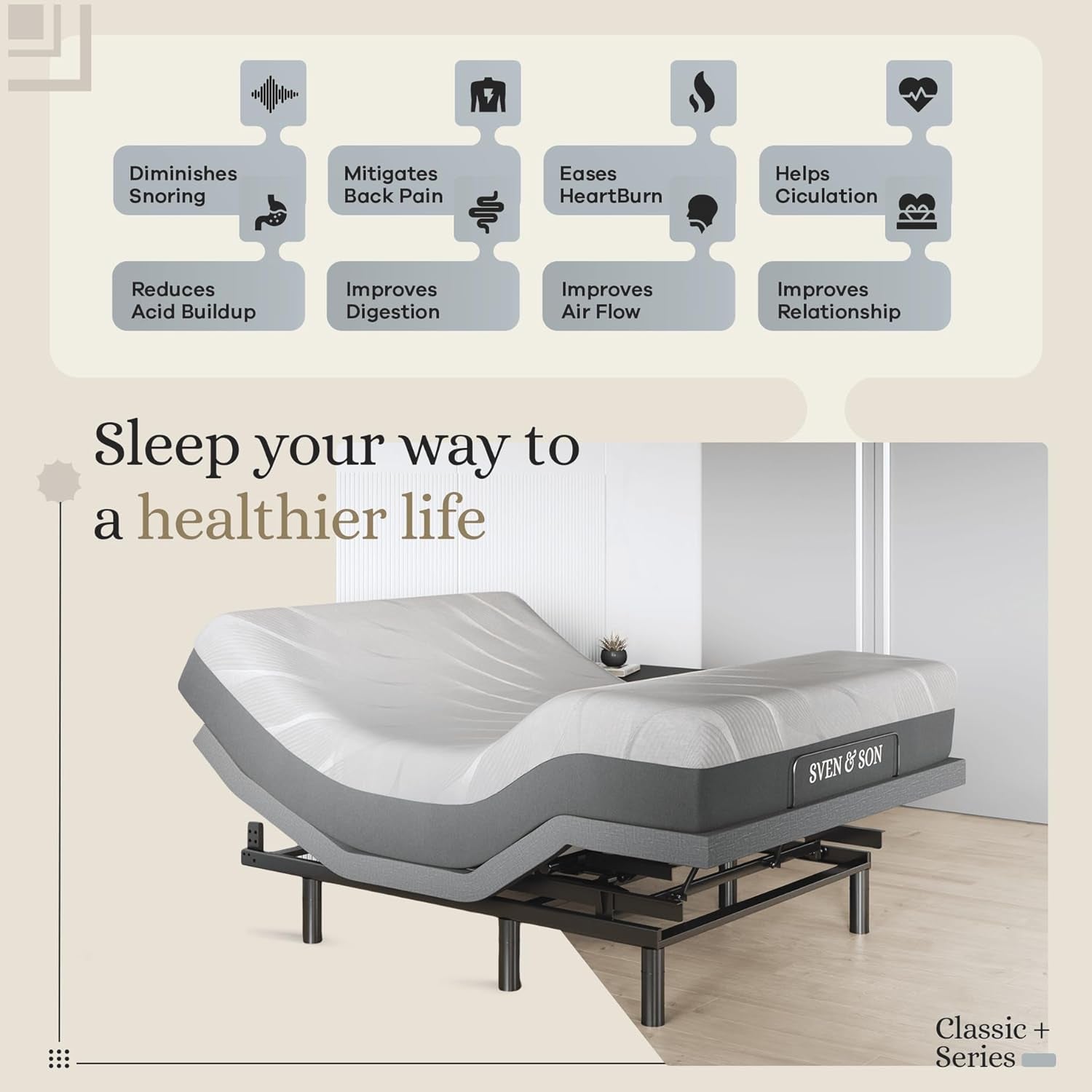 Sven & Son Harmony Adjustable Bed Base, Head and Foot Lift, Massage, Under-Bed Lights, USB, Gel Memory, Zero Gravity Smart Frame - Queen + 10 Inch Memory Foam Matt (Firm)
