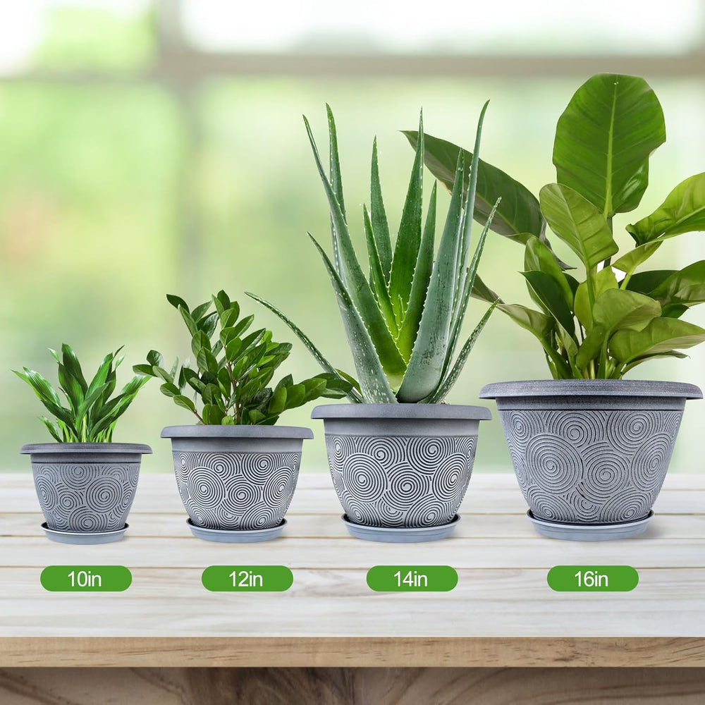 16 Inch Large Planter Pot for Plants Indoor Outdoor, 4 Pack Plastic Flower Pots with Drainage Hole & Tray, Modern Decorative Garden Pot with Saucer, Plant Container for House