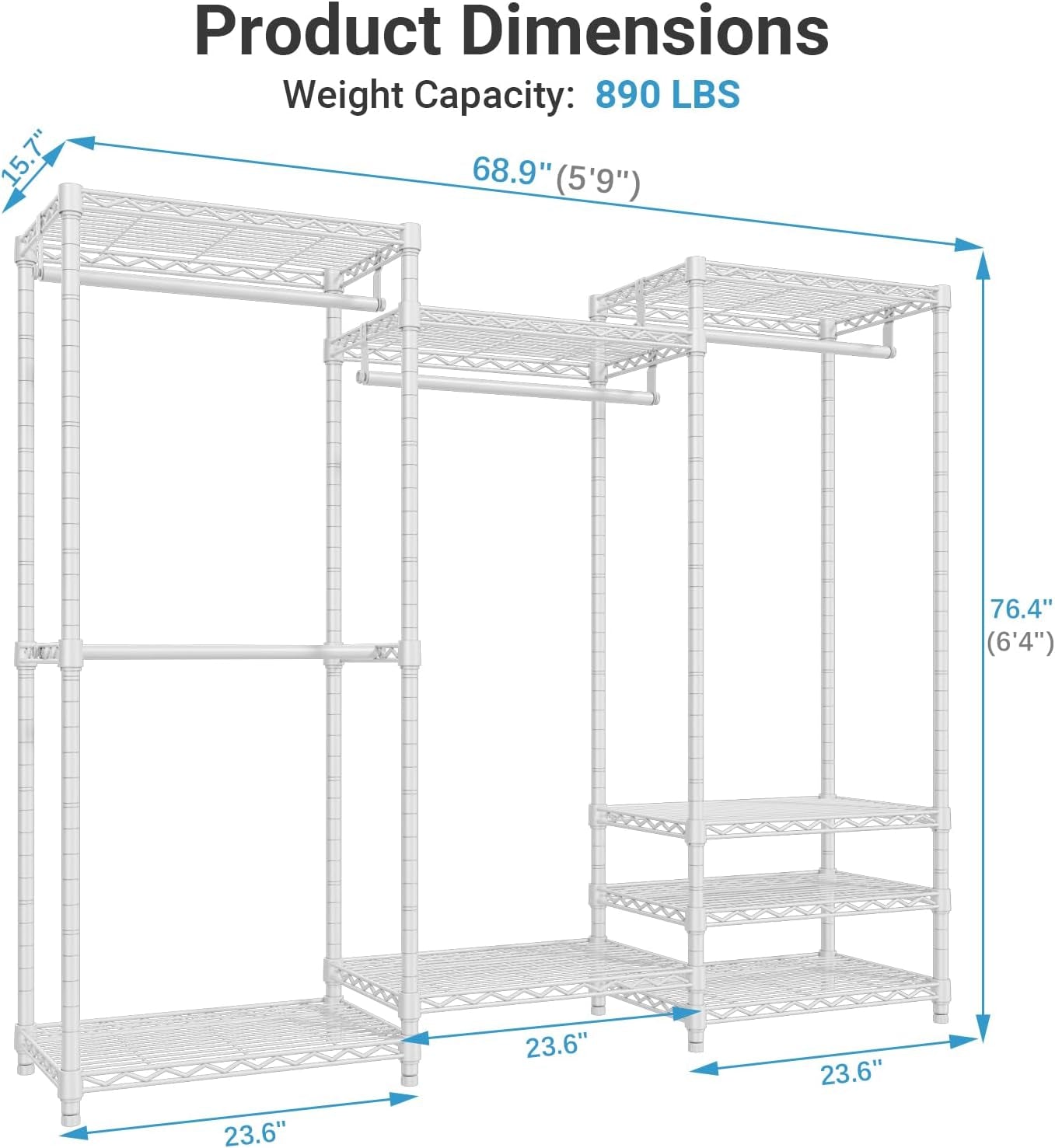 V5 Heavy Duty Clothes Rack, Freestanding Modular Closet System, White