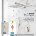 Rain Shower System Sets Faucet:  10 Inch Overhead Rainhead Shower Combo Set with Handheld and Valve-Luxury Modern Mixer Rainfall Brushed Nickel Shower Faucets Sets Complete