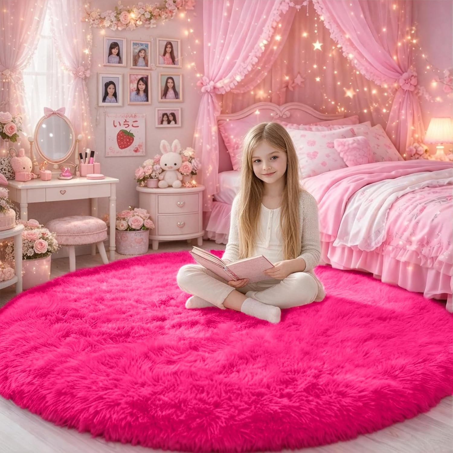 Hot Pink Plush round Circle Rug 5Ft for Girls Bedroom Playroom