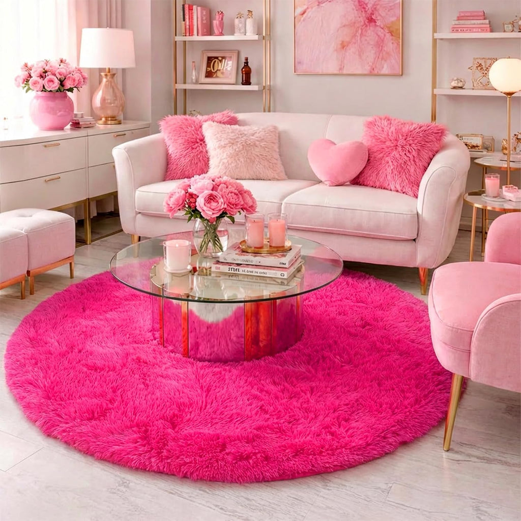Hot Pink Plush round Circle Rug 5Ft for Girls Bedroom Playroom