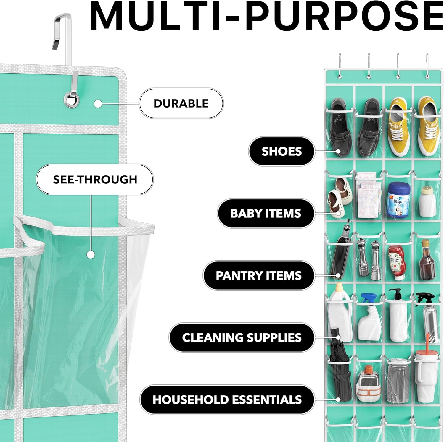 24 Pockets Clear over the Door Shoe Organizer, Turquoise