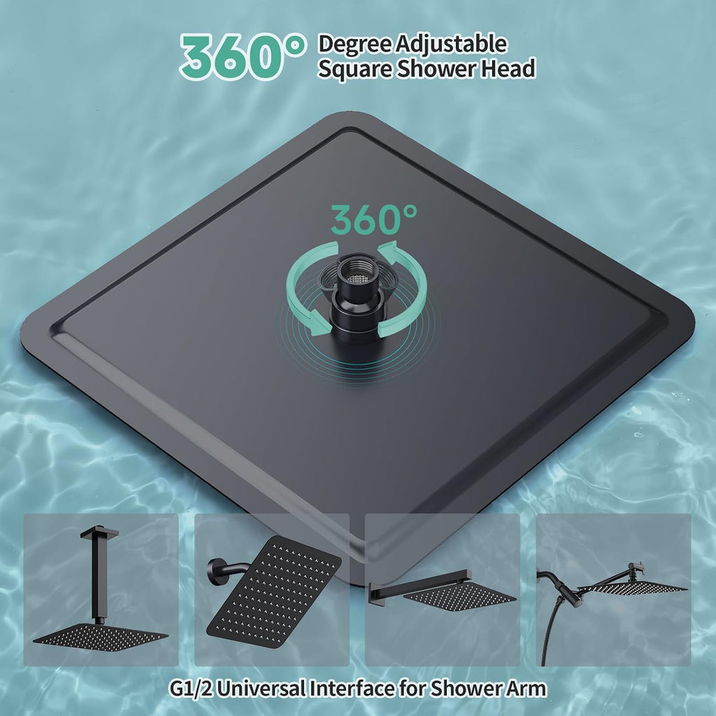 12 Inch Rain Shower Head 304 Stailess Steel Matte Black High Pressure Rainfall Showerhead Water Saving