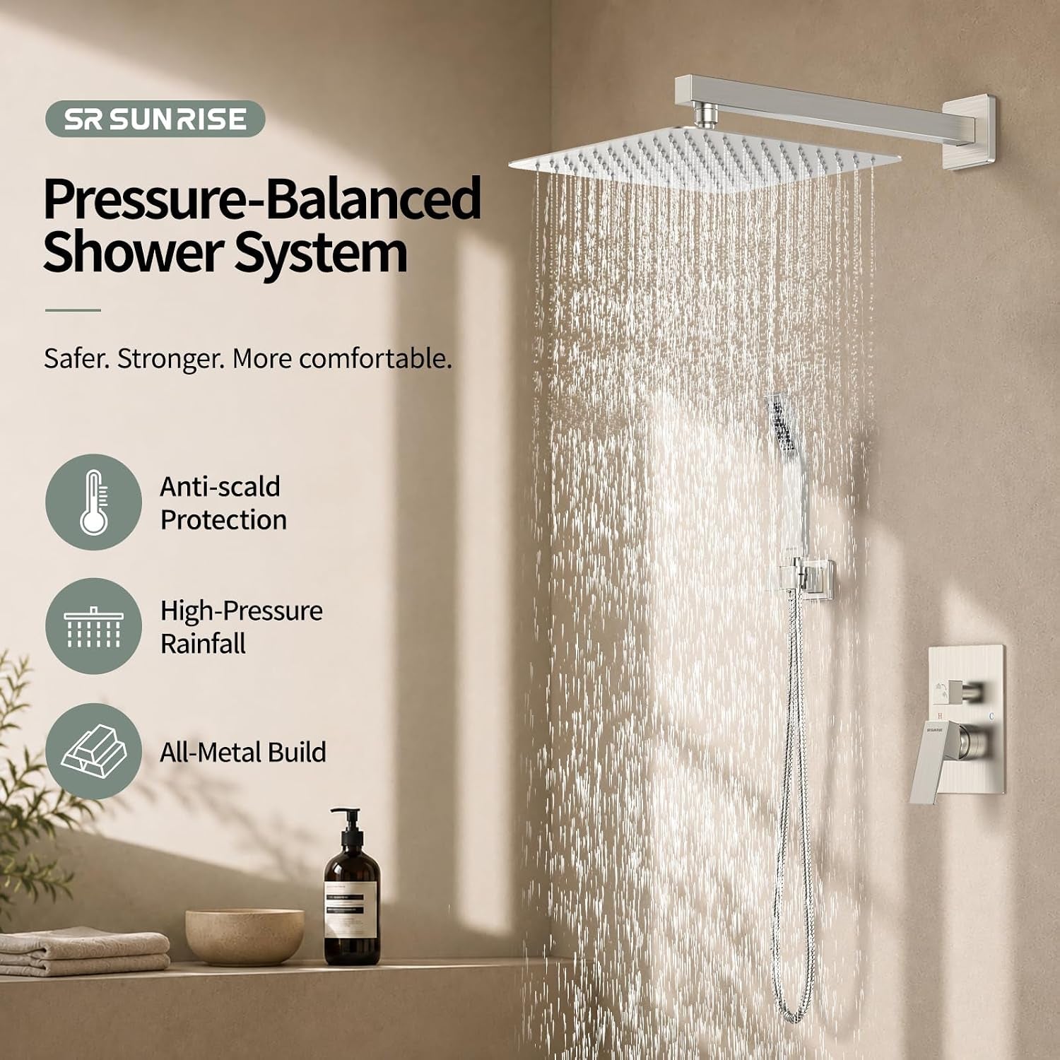 Shower Faucet Set 12-Inch Rainfall Shower Head Brushed Nickel