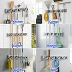 Mop Broom Holder Wall Mount Metal Pantry Organization and Storage Garden Kitchen Tool Organizer Wall Hanger for Home Goods (4 Positions with 4 Hooks, Silver)