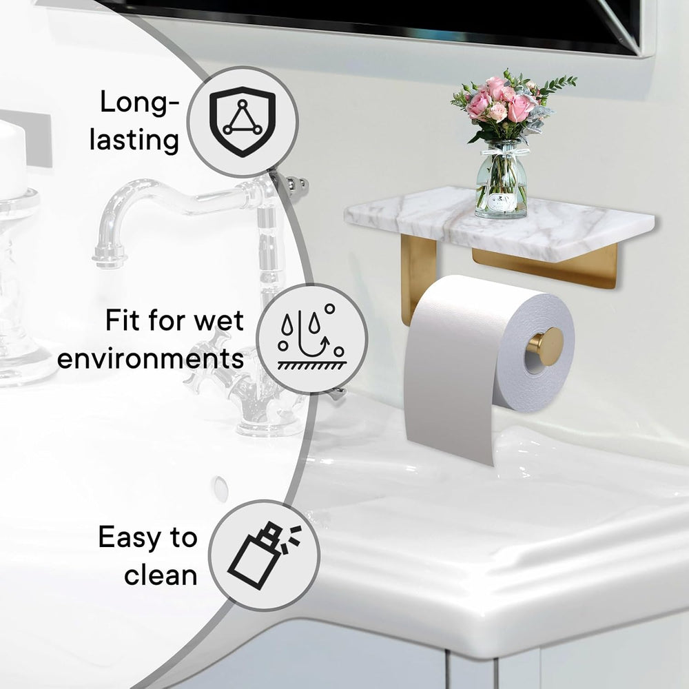 Toilet Paper Holder with Natural Marble Shelf for Bathroom Washroom,Wall Mounted Tissue Holder Suitable for Mega Roll (Brushed Gold, Middle 7.87 * 4.72 In)