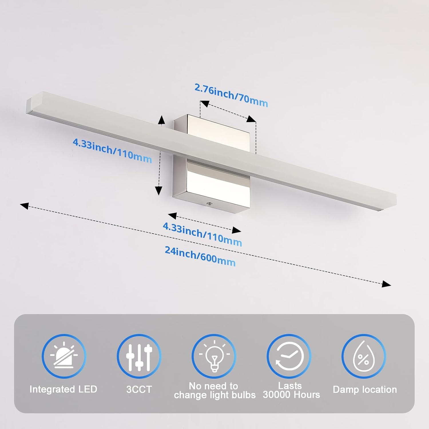 Modern Bathroom Vanity Light Fixtures, Chrome Wall Lamp above Mirror