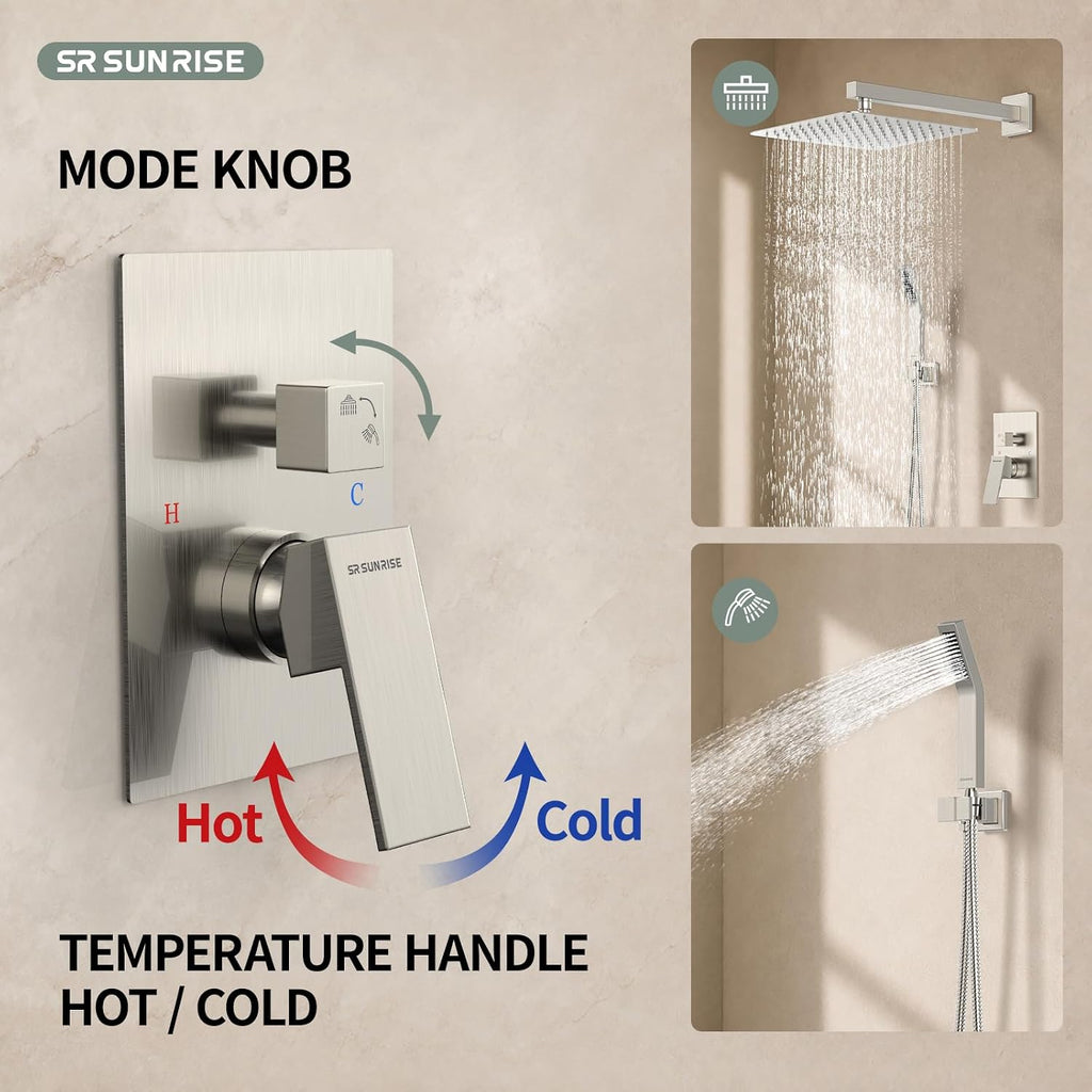 Shower Faucet Set 12-Inch Rainfall Shower Head Brushed Nickel