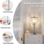 Touch Control Crystal Table Lamp with USB C+A Charging Ports, 3-Way Dimmable Bedside Touch Lamp Decorative Nightstand Lamp with Elegant Lampshade for Living Room Bedroom, B11 LED Bulb Included