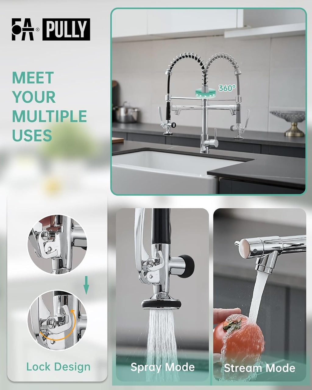 Chrome Kitchen Faucet with Sprayer,Commercial Faucet