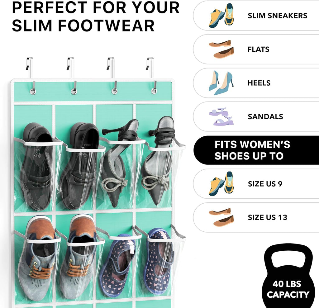 24 Pockets Clear over the Door Shoe Organizer, Turquoise