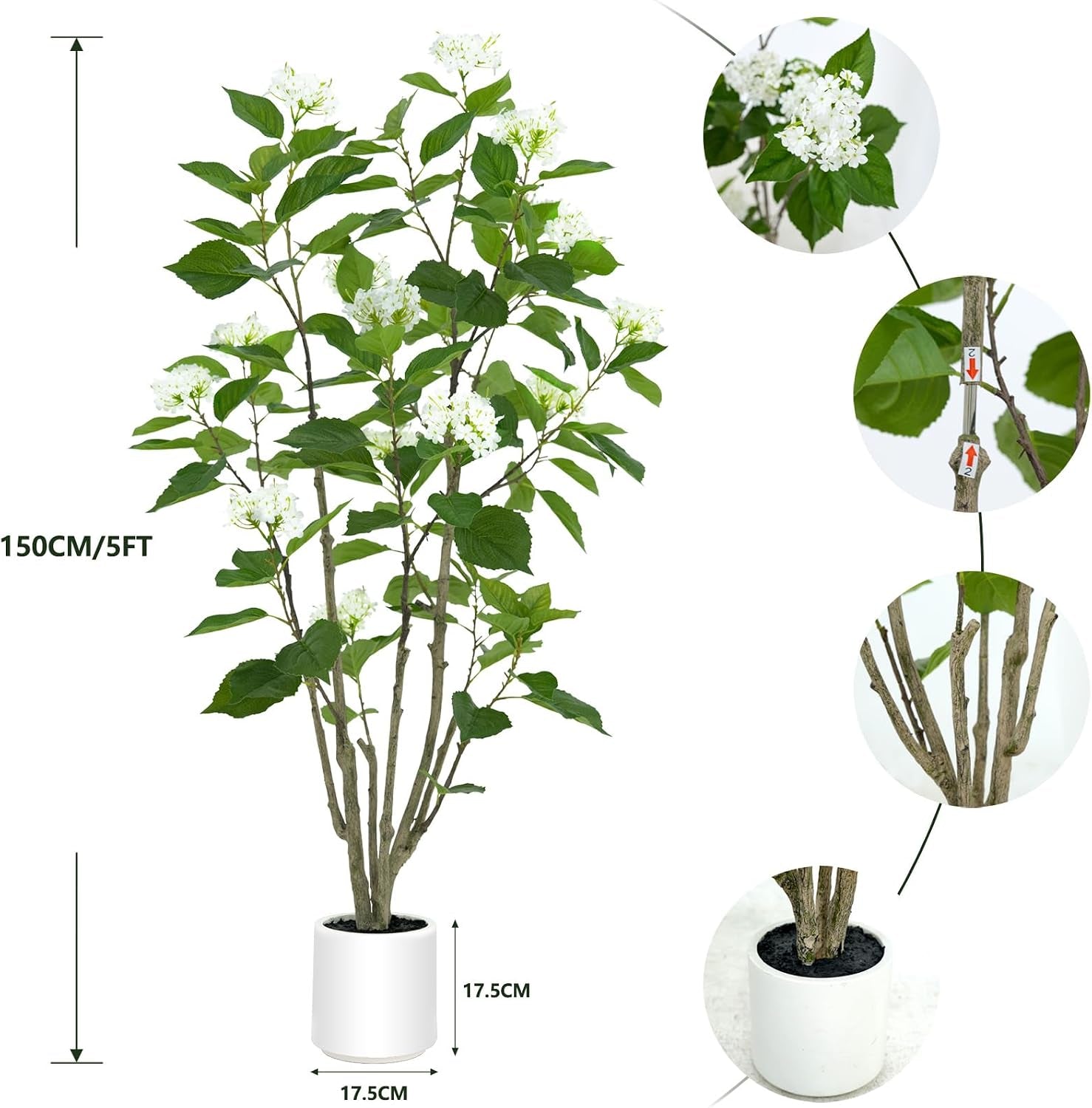 5FT Artificial Hydrangea Tree with White Flowers & Decorative Planter