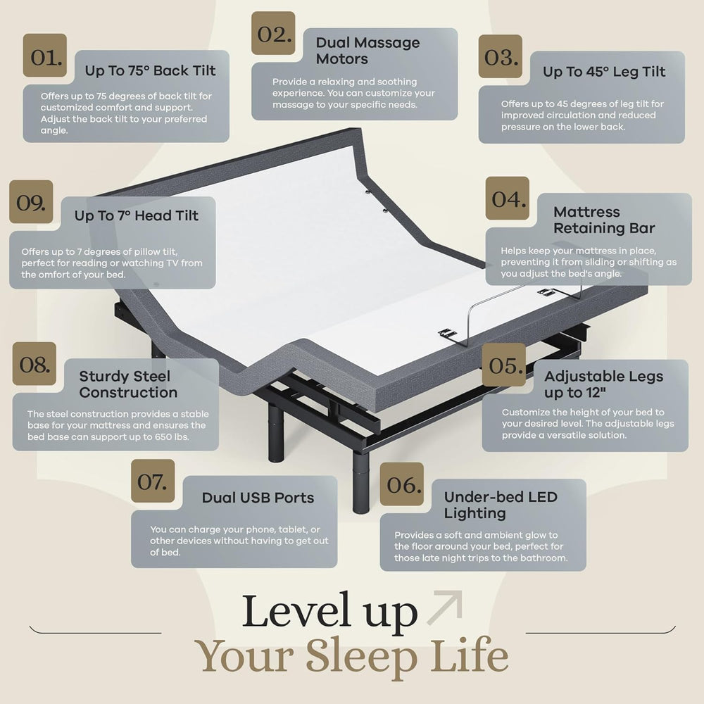 Sven & Son Harmony Adjustable Bed Base, Head and Foot Lift, Massage, Under-Bed Lights, USB, Gel Memory, Zero Gravity Smart Frame - Queen + 10 Inch Memory Foam Matt (Firm)