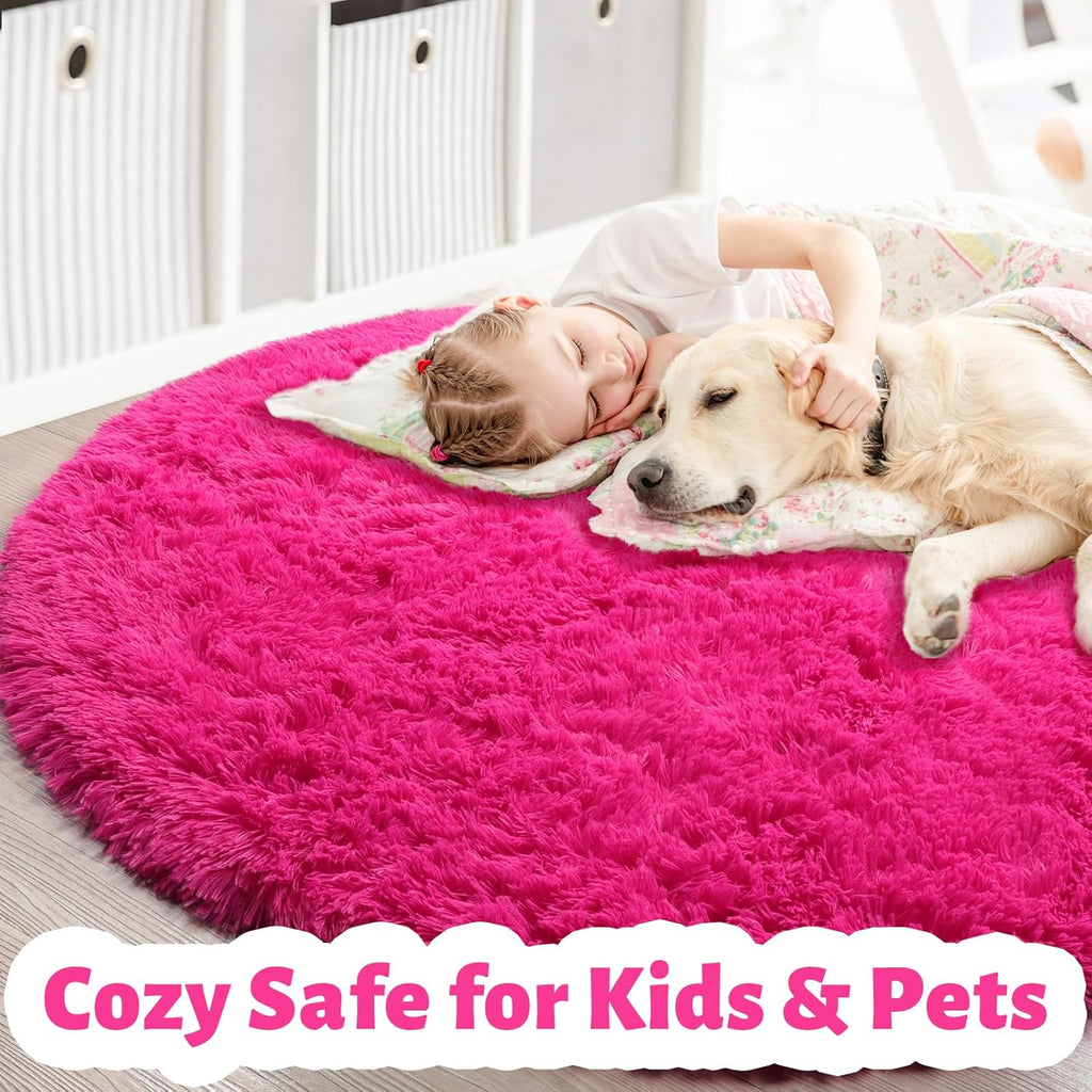 Hot Pink Plush round Circle Rug 5Ft for Girls Bedroom Playroom