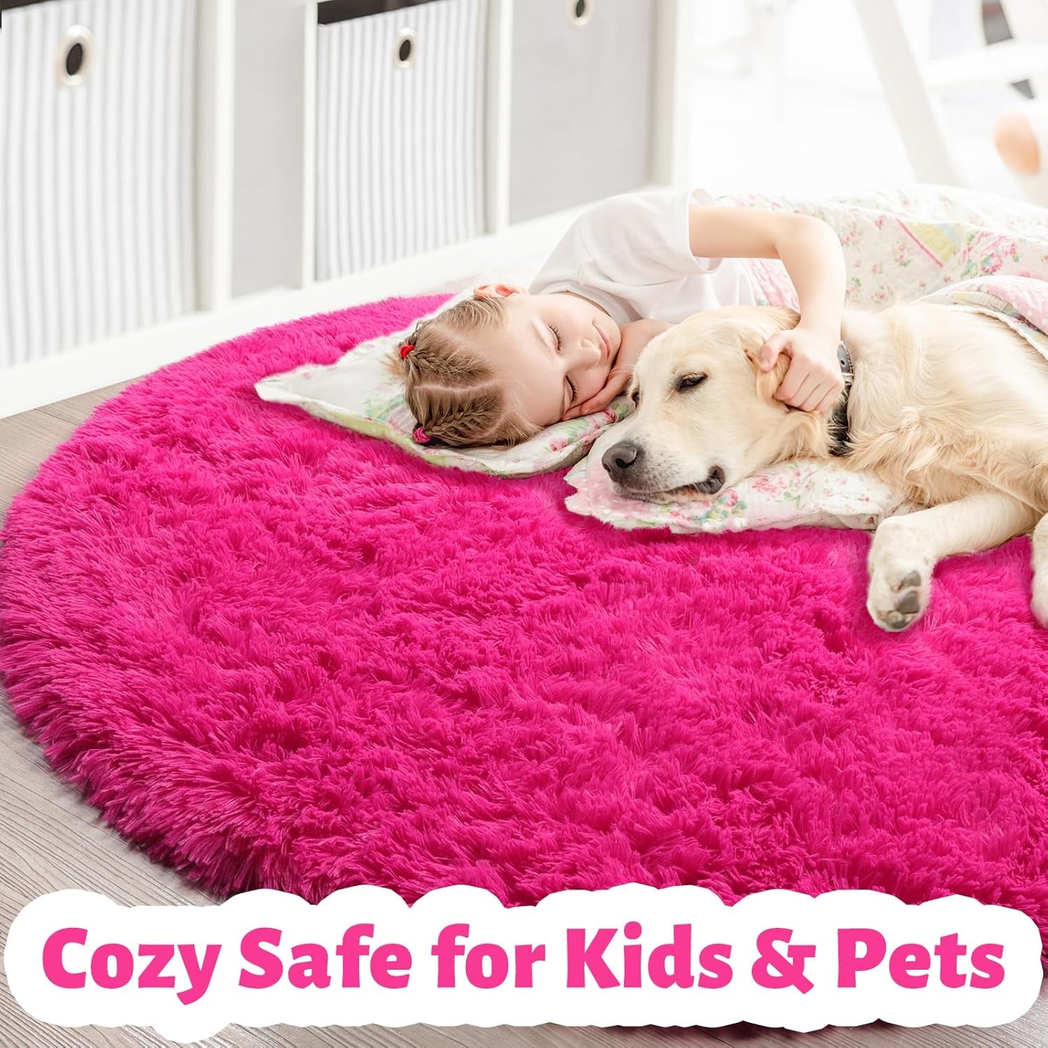 Hot Pink Plush round Circle Rug 5Ft for Girls Bedroom Playroom