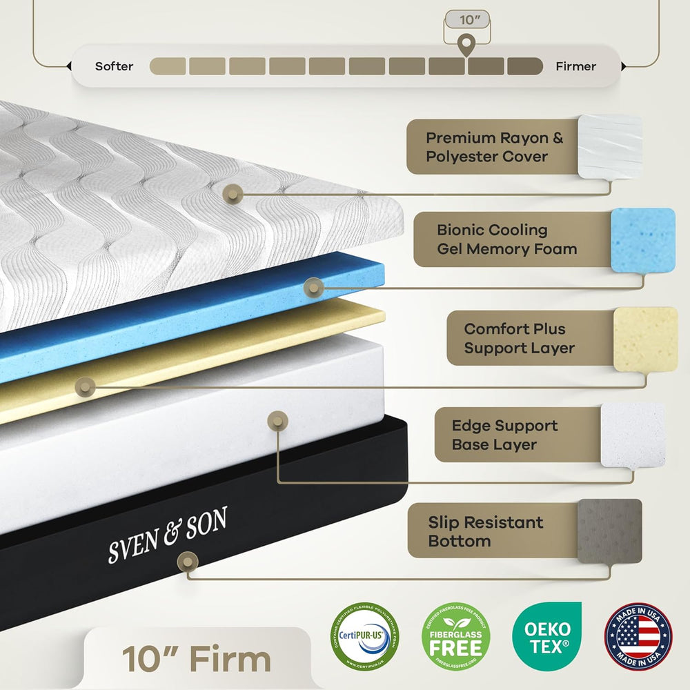 Sven & Son Harmony Adjustable Bed Base, Head and Foot Lift, Massage, Under-Bed Lights, USB, Gel Memory, Zero Gravity Smart Frame - Queen + 10 Inch Memory Foam Matt (Firm)