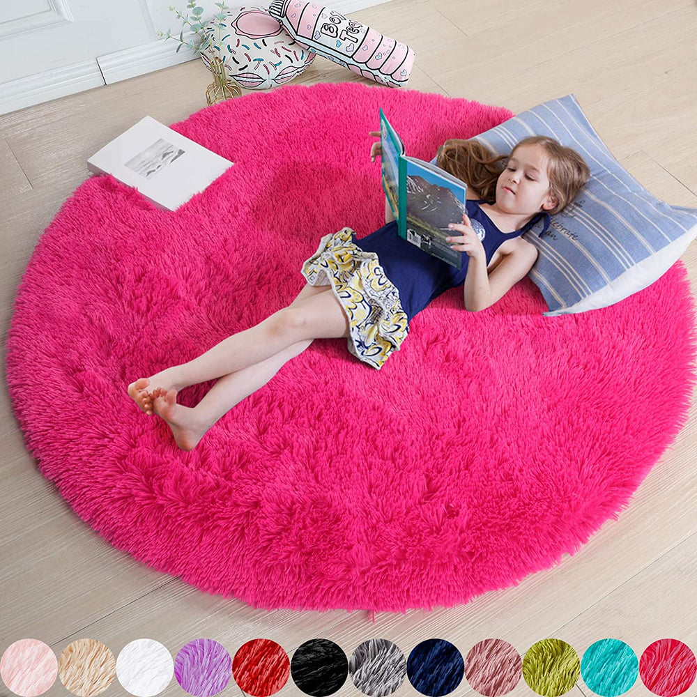 Hot Pink Plush round Circle Rug 5Ft for Girls Bedroom Playroom