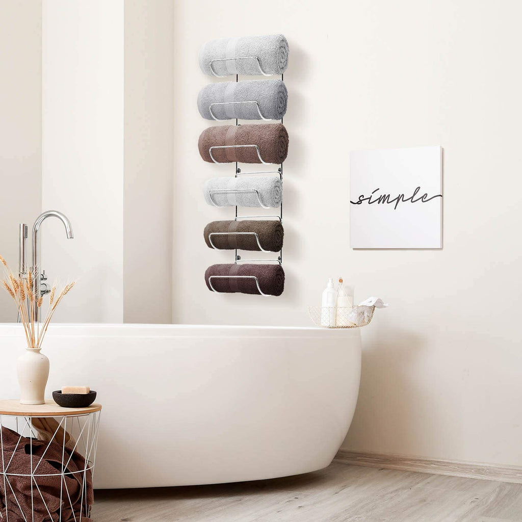 Towel Rack, 6-Compartment Wall-Mount, Wall-Mounted (Silver)