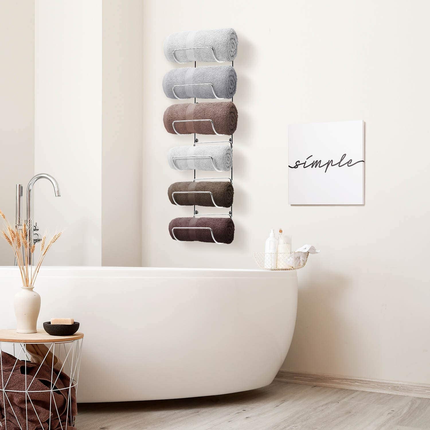 Towel Rack, 6-Compartment Wall-Mount, Wall-Mounted (Silver)